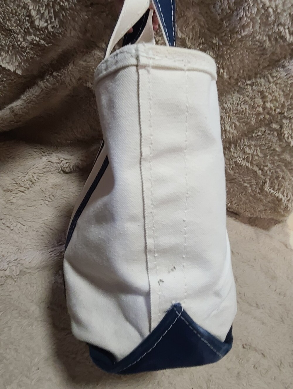 L.L. Bean Cream Canvas Boat Tote with Navy Stitching, Zip Close - Picture 8 of 9